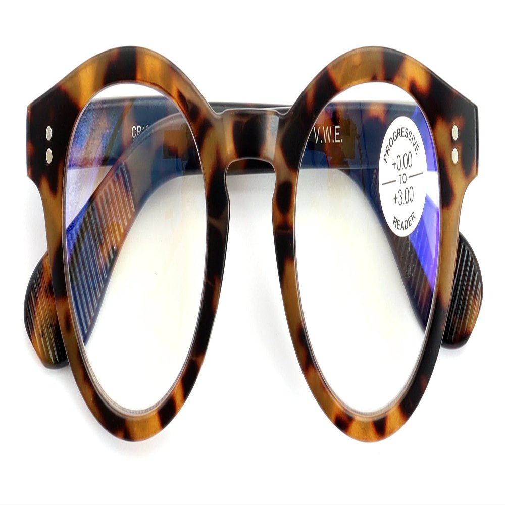 V.W.E. Round Progressive Reading Glasses - Clear Zero Power on Top - No Bubble or Line - Anti Blue Reader CR19 (Tortoise, 1.75, x)