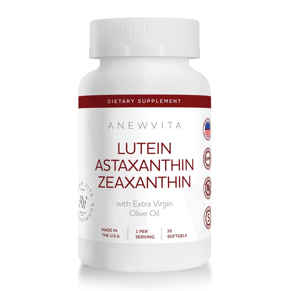 Anew Vita Lutein Astaxanthin Zeaxanthin, Eye Health Support Supplement, 2 in 1 Antioxidant Formula with Lutemax and AstaReal, with Extra Virgin Olive Oil, 30 Softgels