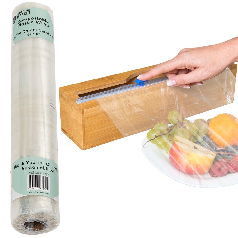 Compostable Plastic Wrap for Food with Dispenser & Cutter 400 Sq Ft Roll, ASTM D6400 Certified