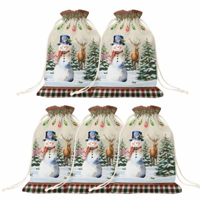 Snowman Christmas Gift Bags with Drawstring Holiday Xmas Reusable Bag Xmas Tree Ball Farmhouse Plaid Elk Christmas Bags for Gift Wrapping Party Favors Santa Stocking for Family 11.8"x15.7" 5 PCS