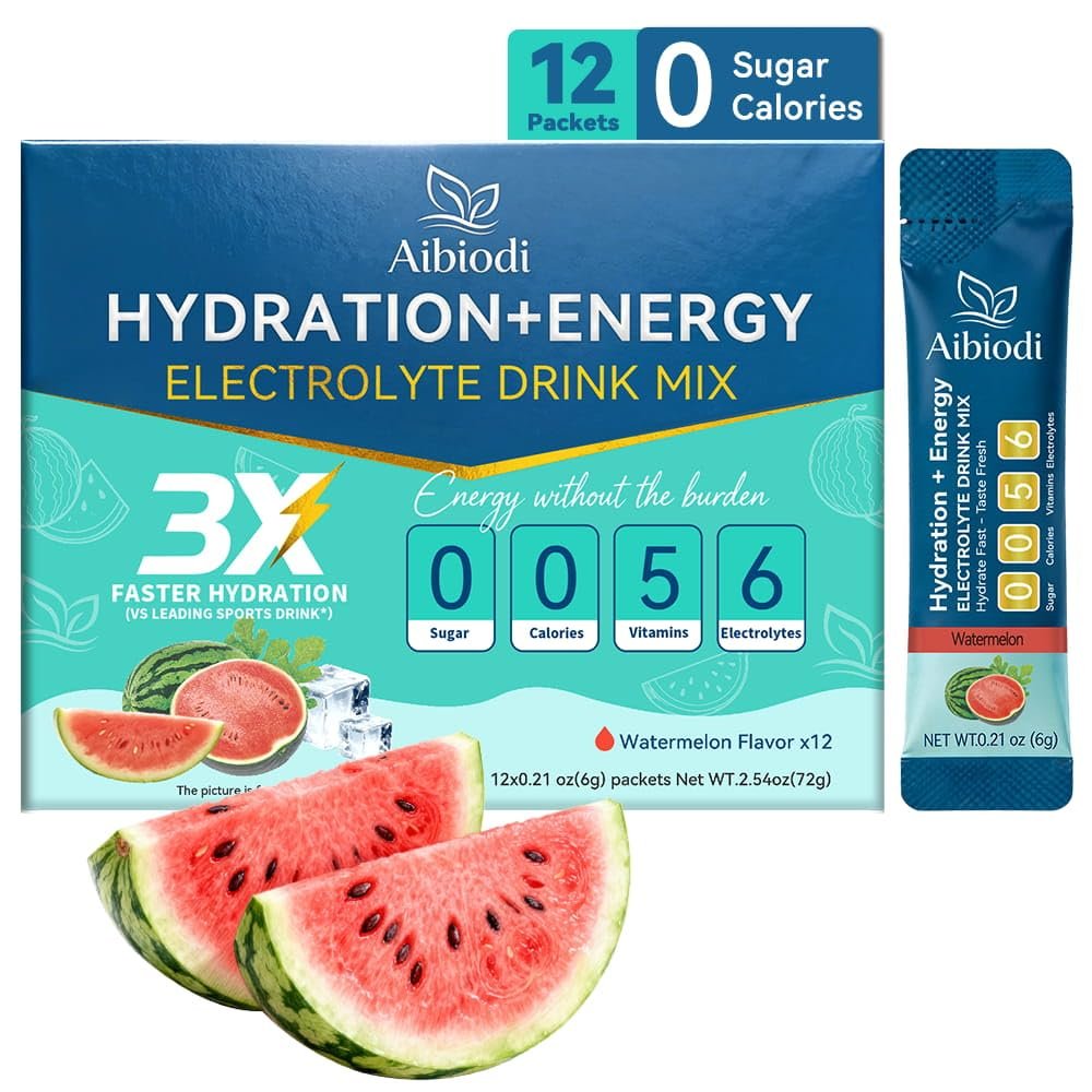 Aibiodi Electrolytes Powder Packets - Sugar Free & Zero Calorie Liquid Daily IV Drink Mix - Instant Hydration & Energy Supplement with 6 Electrolytes and 5 Vitamins, Keto Friendly & Vegan - 12 Sticks