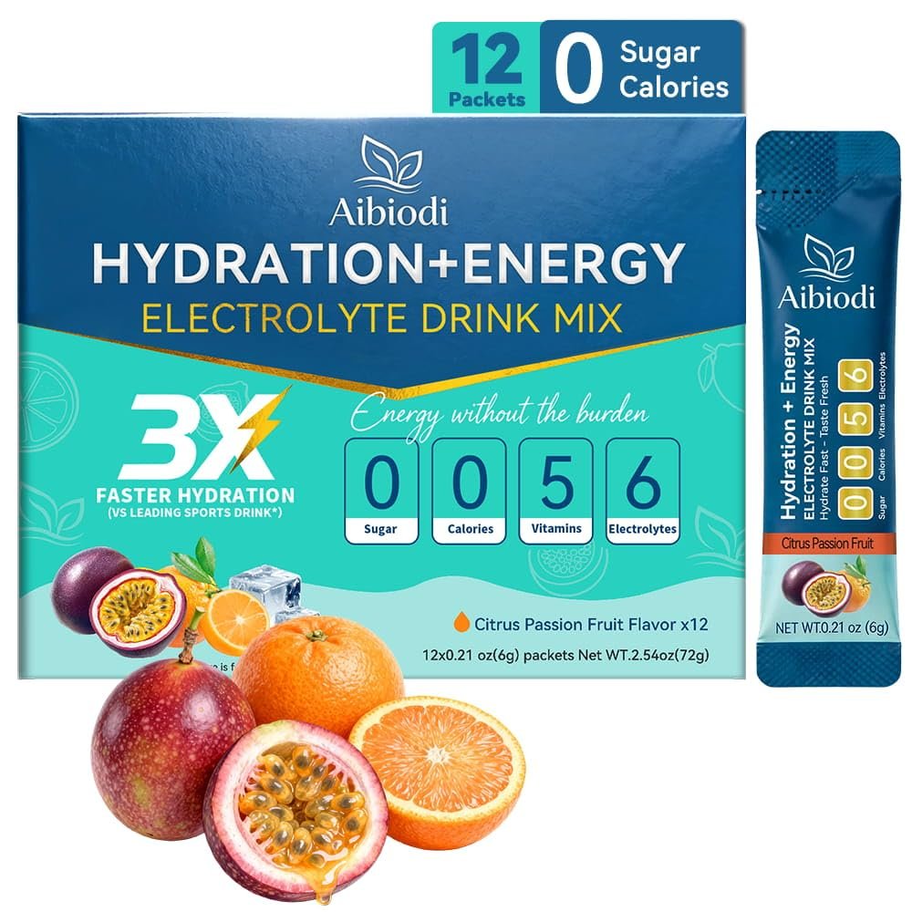 Aibiodi Electrolytes Powder Packets - Sugar Free & Zero Calorie Liquid Daily IV Drink Mix - Instant Hydration & Energy Supplement with 6 Electrolytes and 5 Vitamins, Keto Friendly & Vegan - 12 Sticks