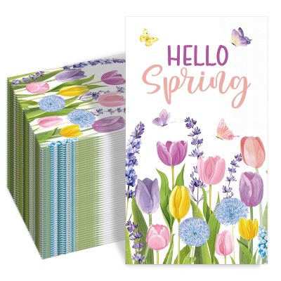 SMUAENSS 100pcs Watercolor Tulip Napkins Summer Floral Paper Napkins with Butterflies & Tulips, Disposable Dinner Decorative Hand Towel for Wedding Anniversary Bride Party Supplies