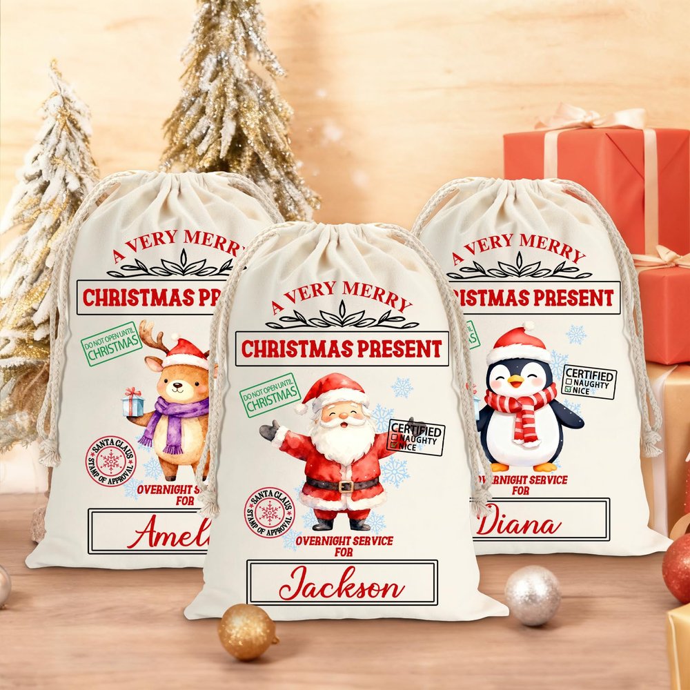 Personalized Christmas Santa Sack, Custom Drawstring Bag with Name, Christmas Gift Bag for Boys Girls, Cute Penguin Deer Snowman Bag, Large Medium Small Xmas Wrapping Gift Bags for Holiday Presents