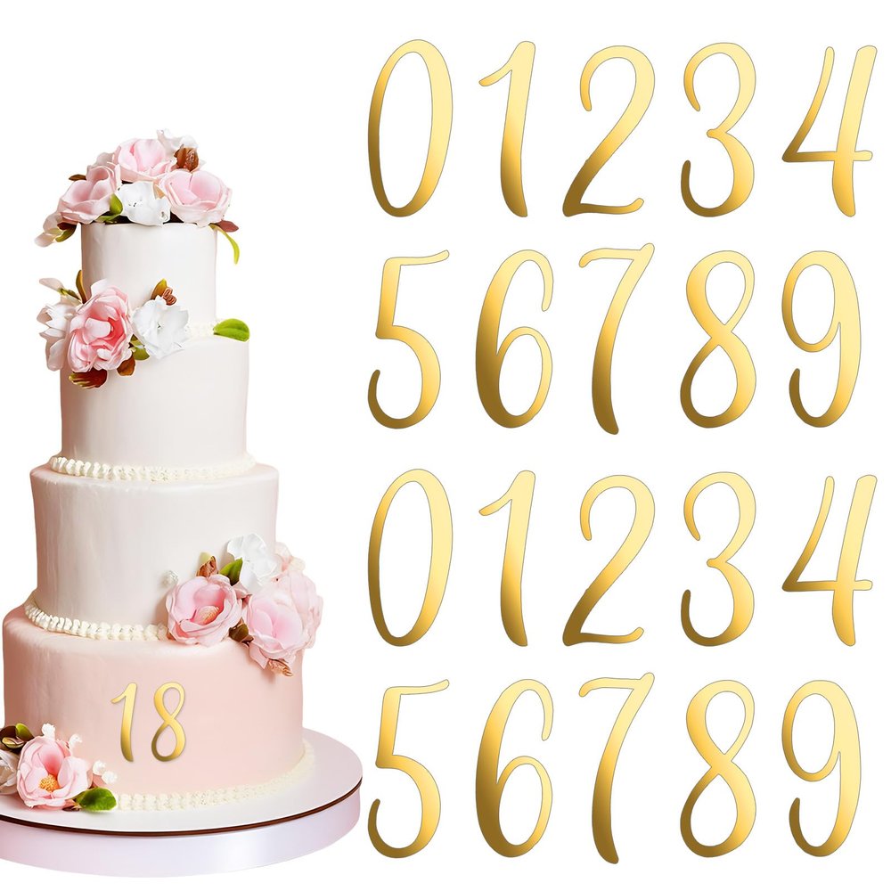 Yuomeaz 20Pcs Gold Acrylic Cake Toppers, 0-9 Numbers for Cakes, 2 inch Small Personalized Birthday Cake Topper for DIY, Party, Wedding, Desert