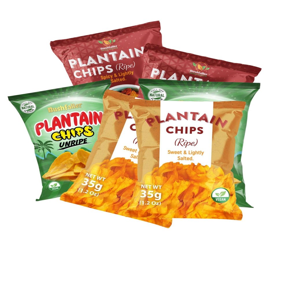 Bushfaller Mixed Plantain Chips Variety Pack, Assorted Ripe and Unripe Flavors, Naturally Sweet and Lightly Salted, Healthy Vegan Snack Made with 100 Percent Vegetable Oil, Non-GMO, Zero Sugar, 1.2 oz Bags, 6-Packs