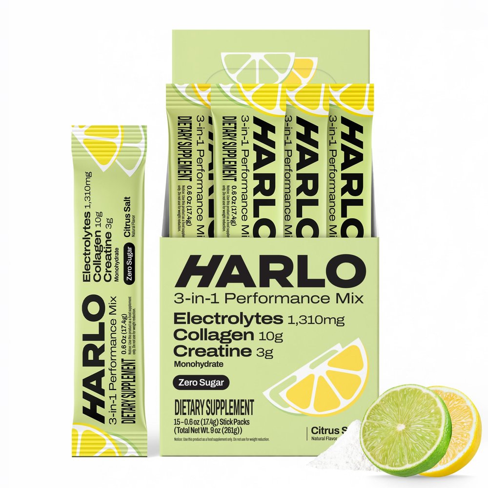 Harlo 3-in-1 Electrolytes Powder with Collagen & Creatine Hydration, Muscle & Joint Support | Zero Sugar | Citrus (Lemon Lime) Salt | 15 Stick Packs