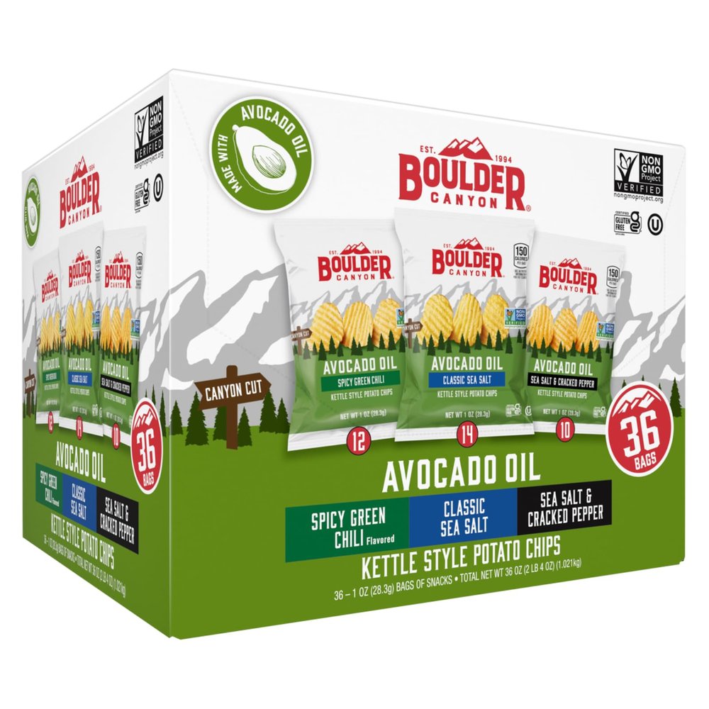 Boulder Canyon Avocado Oil Kettle Style Potato Chips, Variety Pack, 1 oz, 36 ct | 3 flavors