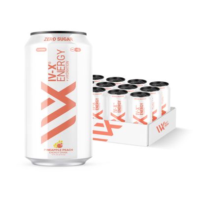 IV-X (IV-X - 12-Pack, Pineapple Peach, 16oz Cans - Energy & Focus & No Artificial Colors - 200mg of Green Tea Caffeine, Himalayan Salt & Utah Sea Minerals - Gluten-Free & Vegan Friendly)