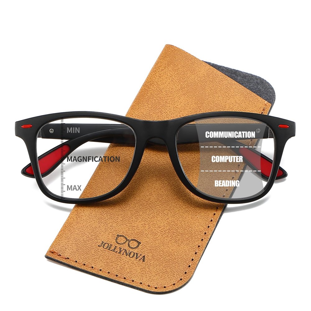 JOLLYNOVA HD7 Progressive Multifocus Reading Glasses Blue Light Blocking Computer Readers for Men Women TR90 Square Frame (Black, 2.5, x)