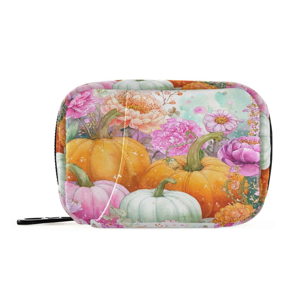 Weekly Pill Organizer with Travel Small Pill Case AM PM 7 Day Removable Cute Pill Box Vitamin Holder Organizer 2 Times a Day Pill Container for Purse Medication Thanksgiving Pumpkins Flowers Orange