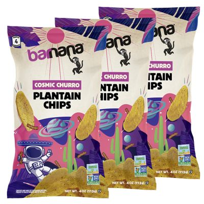 Cosmic Churro Plantain Chips - Barnana Cinnamon Sugar Sweet Snack, Crunchy, Gluten Free, Dessert Inspired Chips, Vegan, Non GMO, Regeneratively Grown, (4 oz, 3-Pack)