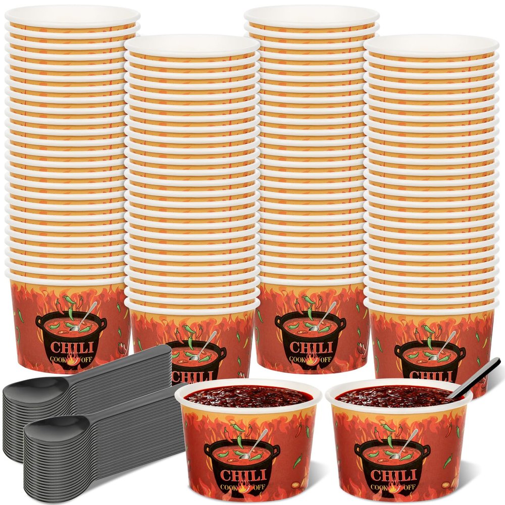 Foxtell 400 Pcs Chili Cook Off Party Decorations Include 5 oz Chili Cook off Tasting Cups and Plastic Spoon for Competition Mexican Party cooking Supplies (200 cups & 200 spoons) Red
