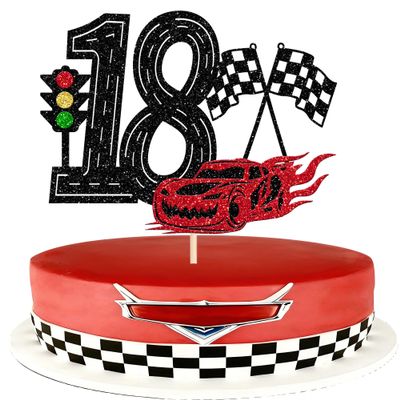1 Pack Race Car Happy 18th Birthday Cake Topper Glitter Traffic Light Racing Car Checkered Flag Cake Pick for Racing Theme Baby Shower Boys Girls Kids 18th Birthday Party Cake Decorations Supplies