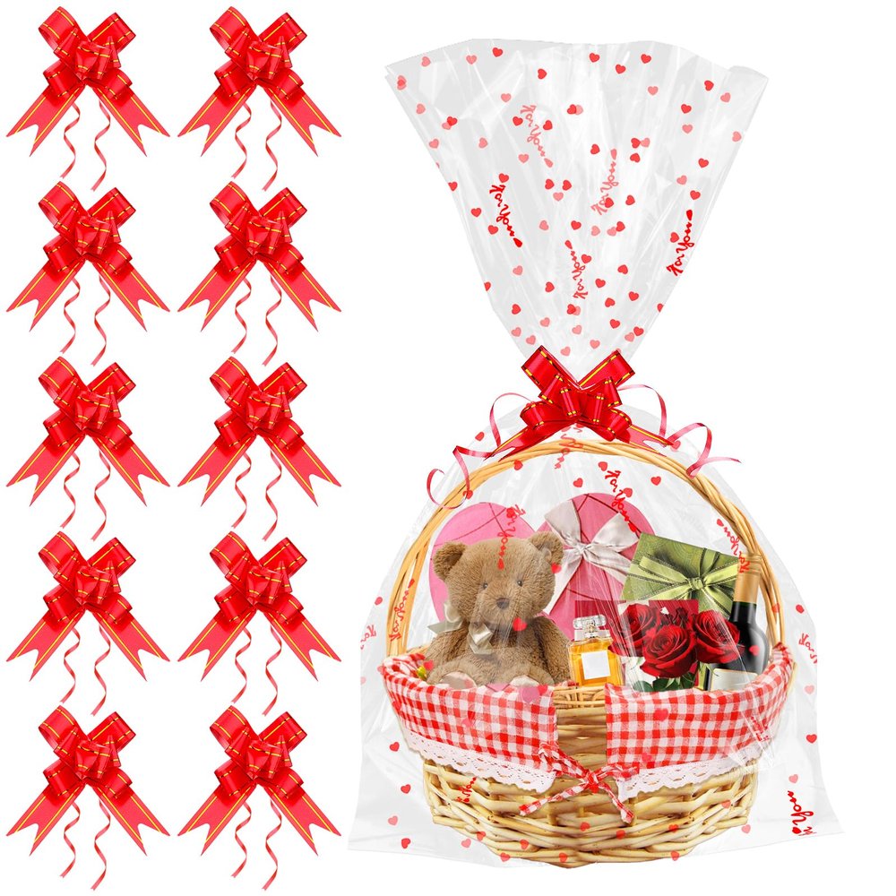 15 Pack Mother's Day Cellophane Bags with Bows 20x28 Inch Red Heart Printed Gift Baskets Bags Large Clear Gift Bags Gift Wrapping Supplies for Valentine's Day, Thanksgiving, Christmas, Birthday Party