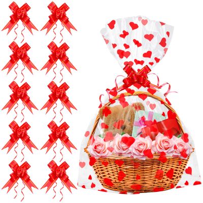 15 Pack Mother's Day Cellophane Bags with Bows 20x28 Inch Heart Printed Gift Baskets Bags Large Clear Gift Bags Gift Wrapping Supplies for Valentine's Day, Thanksgiving, Christmas, Birthday Party