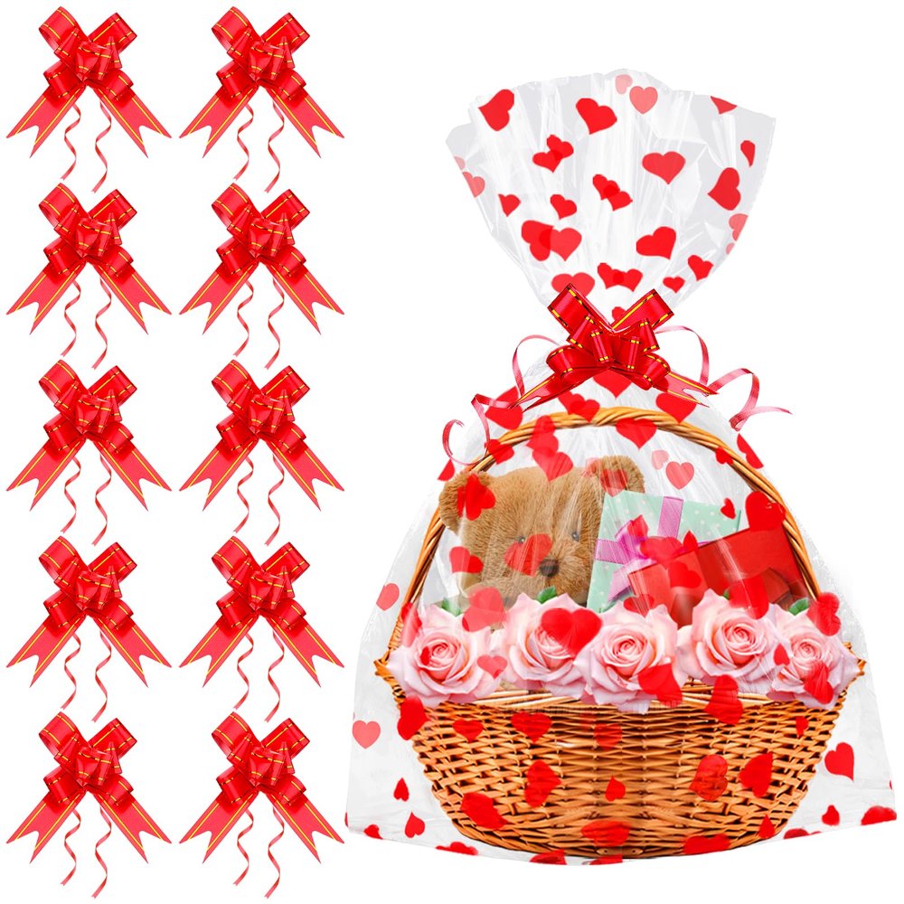 15 Pack Mother's Day Cellophane Bags with Bows 20x28 Inch Heart Printed Gift Baskets Bags Large Clear Gift Bags Gift Wrapping Supplies for Valentine's Day, Thanksgiving, Christmas, Birthday Party