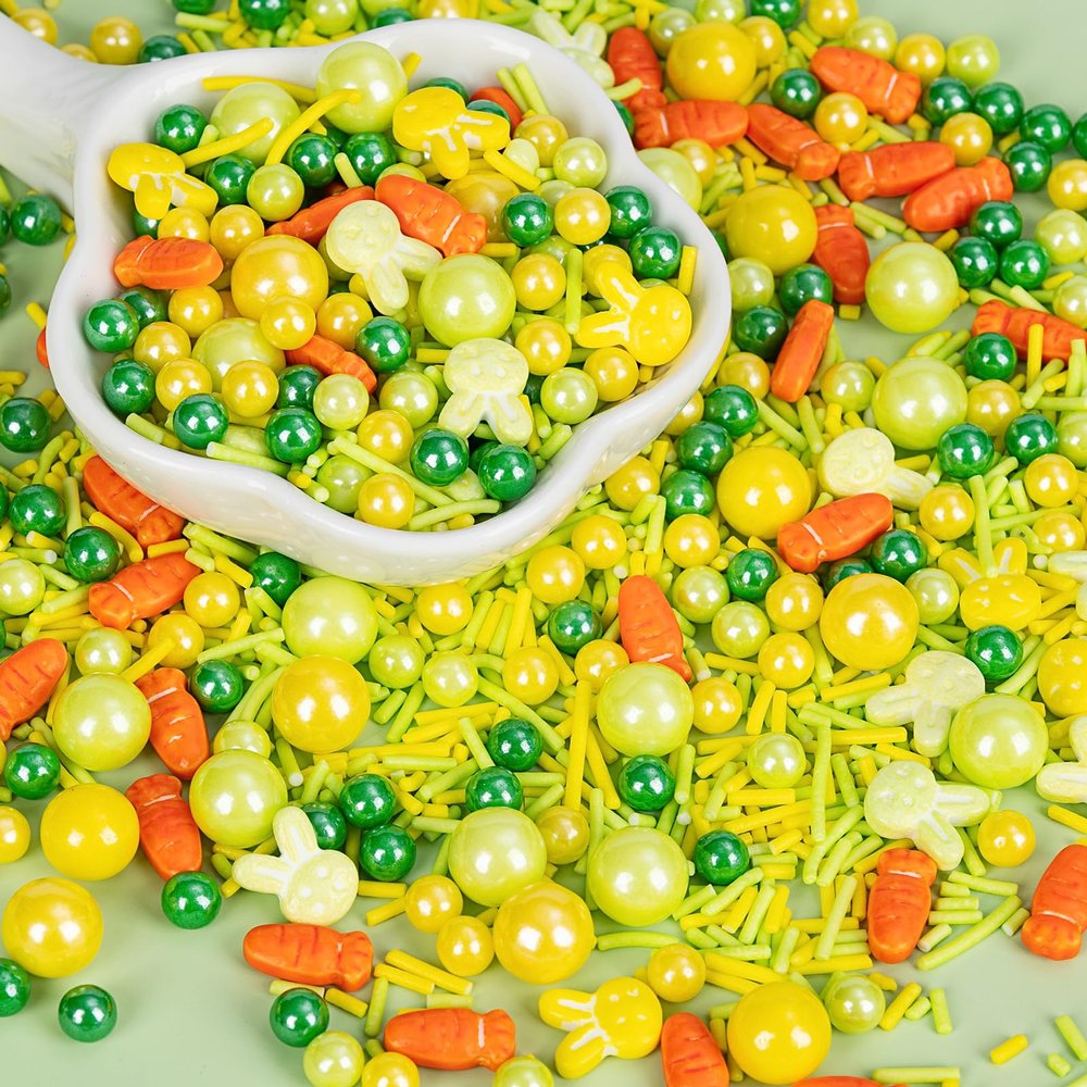 Edible Easter Sprinkles for Cake Decorating,130g,Rabbit Sprinkle,Green and Yellow Pearls and Jimmies,Orange Carrot,Easter Baking Candy Decorations,Cupcake Toppers,Cookie Donuts Ice Cream Dessert,Wedding Birthday Party Supplies