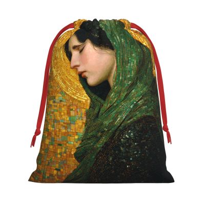 Hayyett Mother Mary Green Cloak Golden Halo Soft Velvet Christmas Drawstring Bag Reusable Wrapping Sack Xmas Party Present Bag