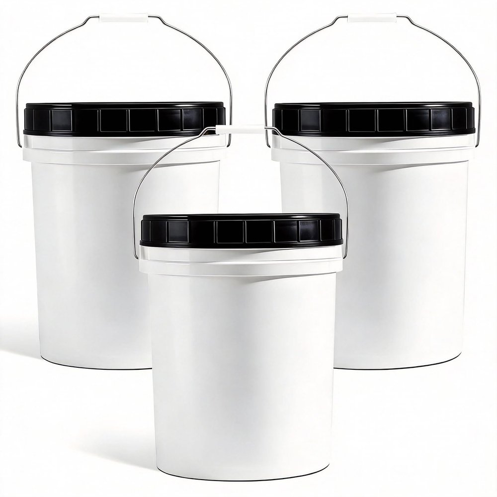 DEMORA 5 Gallon Food Grade Bucket with Easy Open & Close Screw Lid, Heavy Duty Plastic Pails Containers with Metal Handle for Food Storage, BPA Free (Black Lid, 3 Pack)