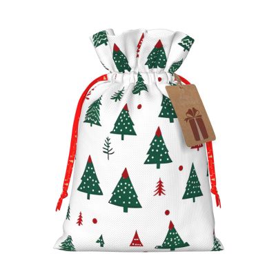 FLONTY Merry Christmas Tree Burlap Gifts Bag Reusable Gifts Pouch Drawstring Tote Mini Packaging with Card Fit Holidays Christmas Birthdays