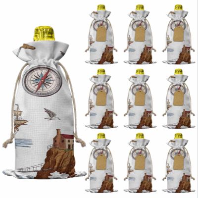 10pcs Linen Burlap Wine Bags with Drawstring Nautical Lighthouses Wine Gift Bag with Tags Reusable Wines Cover Gift Bags for Christmas Birthday Wines Tasting Party Ocean Ship Anchors Seashells Birds