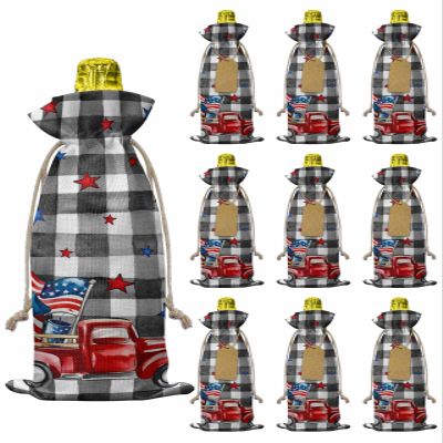 10pcs Linen Burlap Wine Bags with Drawstring Independence Day Wine Gift Bag with Tags Reusable Wines Cover Gift Bags for Christmas Birthday Wines Tasting Party Patriotic Flag Day Red Truck Black Plaid
