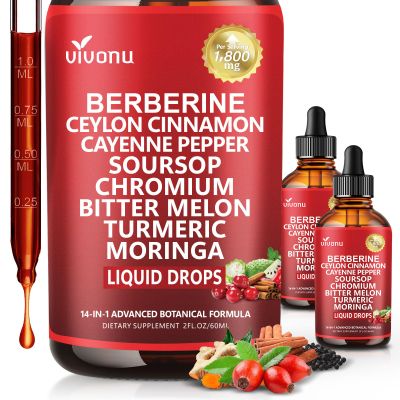 14-in-1 Berberine with Ceylon Cinnamon Supplement Liquid Drops, Liposomal, Cayenne Pepper, Soursop, Chromium Bitter Melon Turmeric Panax Ginseng Glucomannan G-L-P-1 Support, 2 Bottle