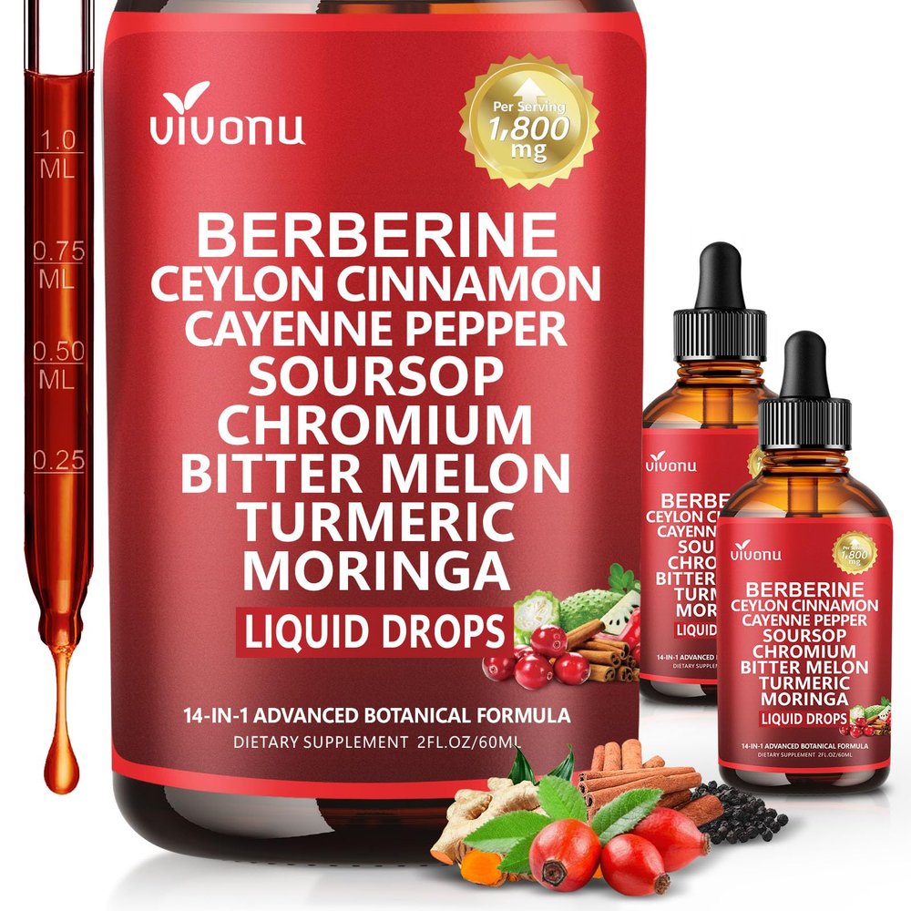 14-in-1 Berberine with Ceylon Cinnamon Supplement Liquid Drops, Liposomal, Cayenne Pepper, Soursop, Chromium Bitter Melon Turmeric Panax Ginseng Glucomannan G-L-P-1 Support, 2 Bottle