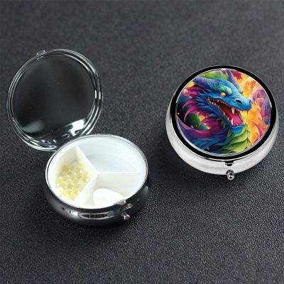 Colorful of Dragons Pill Box 3 Compartment Waterproof Pill Container with Mirror Metal Medicine Box Organizer Portable Vitamin Case for Pocket & Purse Travel - Round