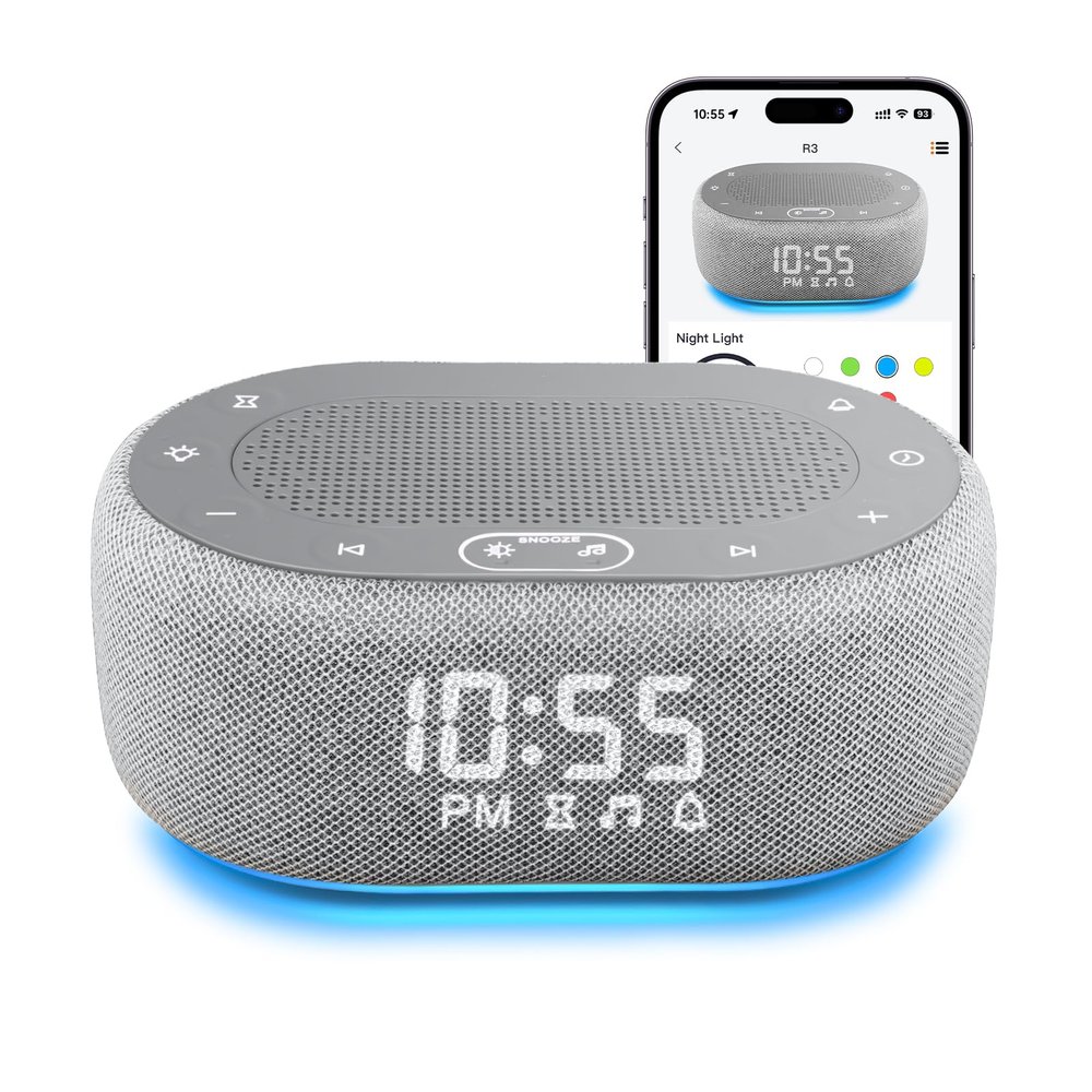 1Mii White Noise Sound Machine with Alarm Clock, Sound Machine for Sleep for Adults Baby, Smart App Controlled30 Soothing Sounds, Sleeping Timer, Dimmable 7-Color Night Light, 30 Volume Levels