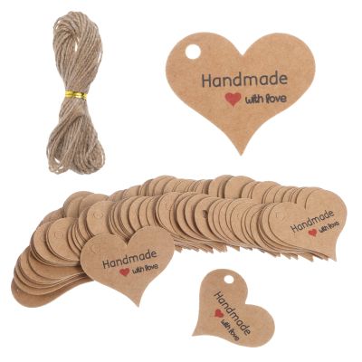 100 PCS Handmade with Love Tags, Heart-Shaped Gift Tags with 32 Ft Jute Twin, Brown Mini Hand Made with Love Tag for Present Wrapping, DIY Crafts, Wedding, Birthday Party Favors