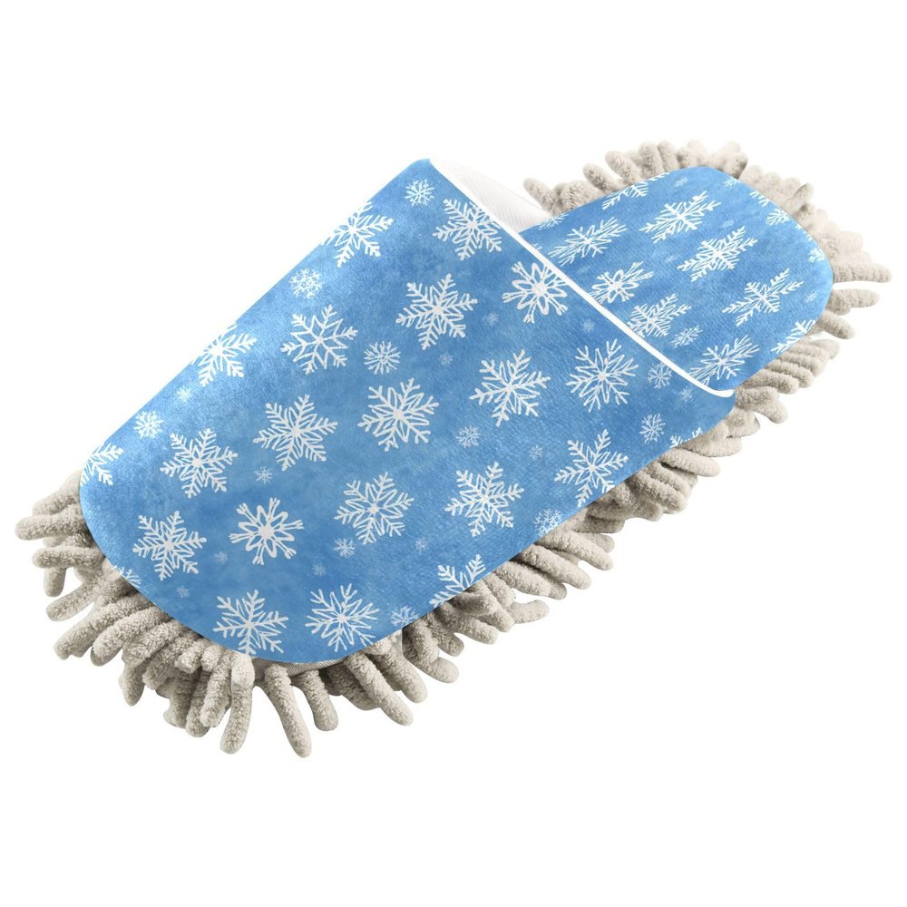 Hezely White Snowflakes Mop Slippers Shoes Microfiber Floor Cleaning Shoes Washable Dust Mop Slippers for House Kitchen, L