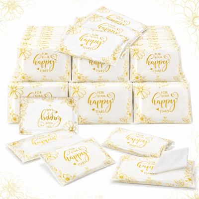 Yinder 60 Bulk Happy Tears Tissue Packs for Wedding 3 Ply Pocket Size Tissues Packs for Guests Facial Individual Wedding Favors Party Supplies Travel Graduation Celebration(Gold Flower)
