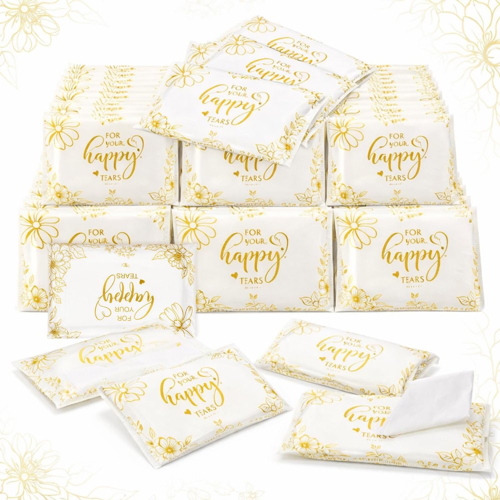 Yinder 60 Bulk Happy Tears Tissue Packs for Wedding 3 Ply Pocket Size Tissues Packs for Guests Facial Individual Wedding Favors Party Supplies Travel Graduation Celebration(Gold Flower)