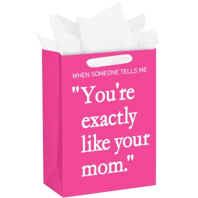 WRAPAHOLIC 13" Large Funny Mothers Day Gift Bag with Tissue Paper - Hot Pink You're Exactly Like Your Mom Paper Bags for Mom Birthday Mothers Day from Daughter Son