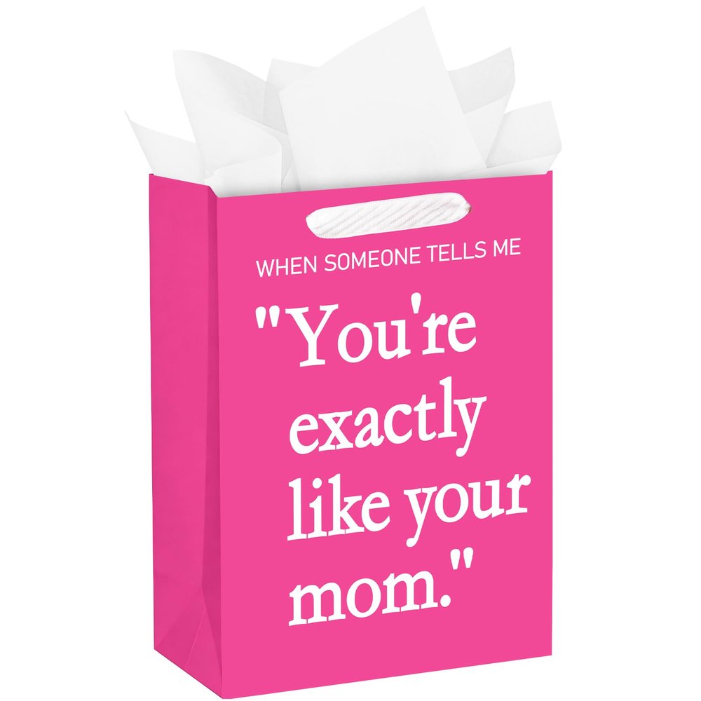 WRAPAHOLIC 13" Large Funny Mothers Day Gift Bag with Tissue Paper - Hot Pink You're Exactly Like Your Mom Paper Bags for Mom Birthday Mothers Day from Daughter Son