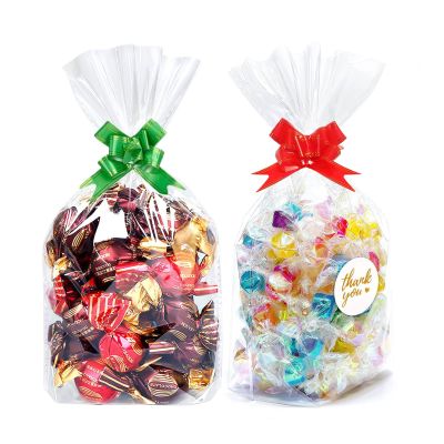 100 Pcs Clear Cellophane Treat Sweet Bags (7 in X 10 in), 3 Mil Thicker Transparent Favor Bags Wrap for Gifs,Candies, Cakes Packaging with Red Bows Ribbon for Christmas Party Wedding