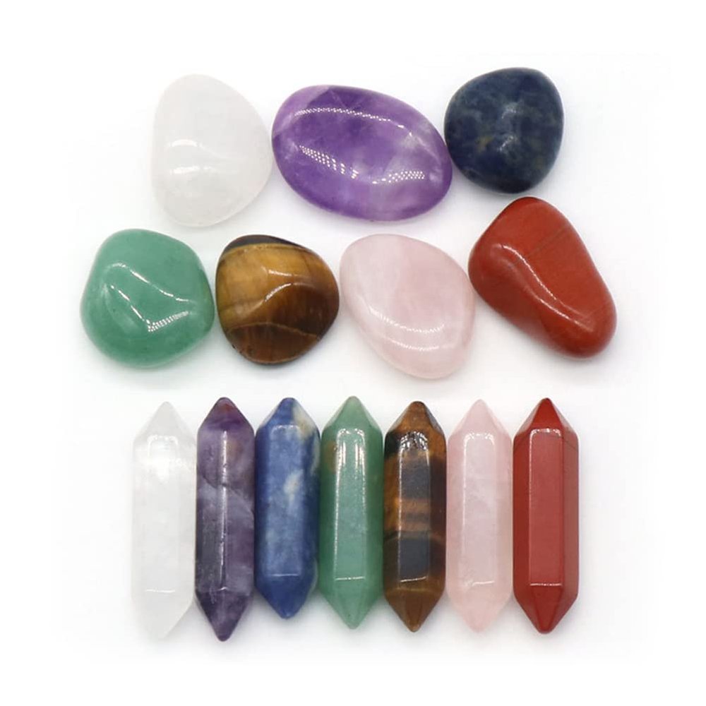 14 Pcs Premium Crystals Kit - 7 Chakra Healing Stones with Hexagonal Column Irregular Shapes for Spiritual Balance Energy Cleansing Meditation and Ho