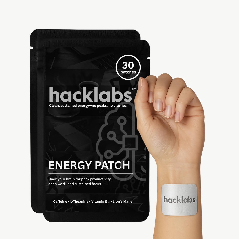 Brain & Energy Patches for Focus, Memory & Peak Performance | Natural Caffeine, B12, Lions Mane & L-Theanine | Skin-Friendly, Water-Resistant | 30 Count