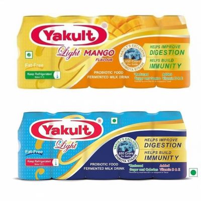 Y'akult Probiotic Drink Combo | Mango Flavour & Fat-Free Light Blue | Improves Digestion & Immunity | 65ml Each | Pack of 2 (10 Yakult Total)