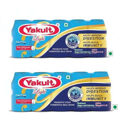 Yakult Light Fat-Free Probiotic Fermented Milk Drink, Improves Digestion and Immunity (Pack of 2) (10 yakult) 65 Ml Each
