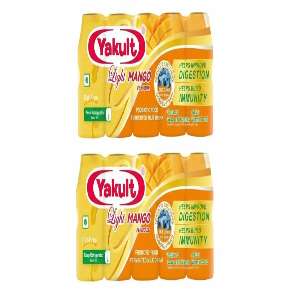 Yakult Light Mango Flavour Fermented Milk Drink, Improves Digestion and Immunity (Pack of 2) (10 yakult) 65 Ml Each