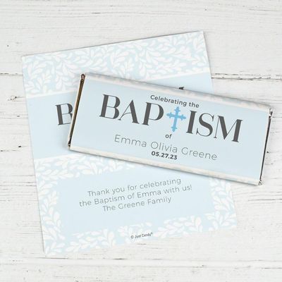 100 Pack Personalized Baptism Candy Bar Wrappers for Do-It-Yourself Celebration Chocolate Baptism Party Favors,Keepsakes, Giveaways, Custom Guest Gifts & More - Blue (Candy Not Included)