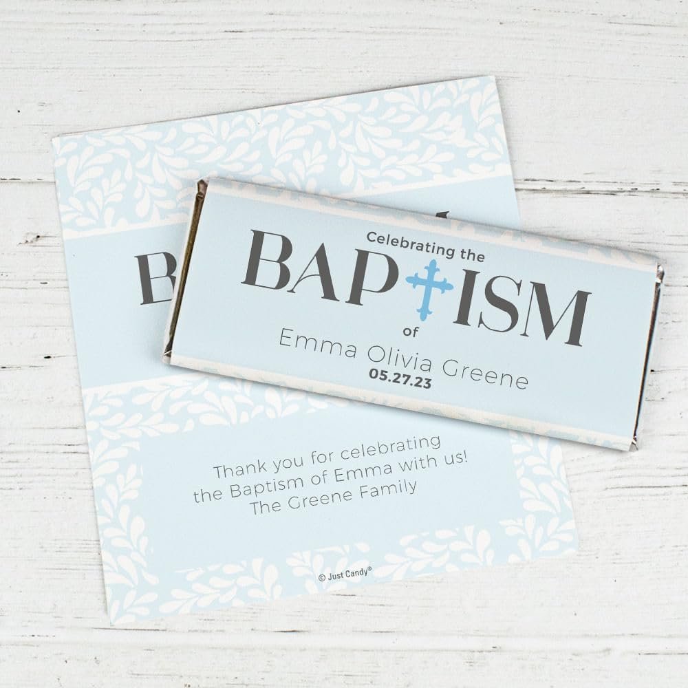 100 Pack Personalized Baptism Candy Bar Wrappers for Do-It-Yourself Celebration Chocolate Baptism Party Favors,Keepsakes, Giveaways, Custom Guest Gifts & More - Blue (Candy Not Included)