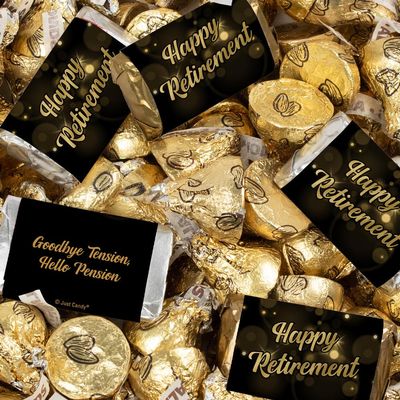 372ct Happy Retirement Black & Gold Candy Mix - Wrapped Chocolate Miniatures & Gold Foiled Almond Milk Chocolate Kisses for Celebratory Party Favors & Gifts