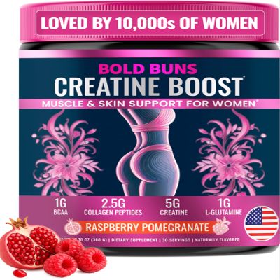 Bold Buns Creatine for Women Supplement with Collagen & BCAA Supports Muscle Development, Post-Workout Recovery, Skin Elasticity, Healthy Hair & Nail (30 Servings, Raspberry Pomegranate)