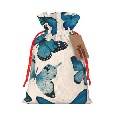 CENGDADA Retro Blue Butterfly Xmas Drawstring Linen Holiday Gift Bag Wrapping Reusable New Year Gifts With Label