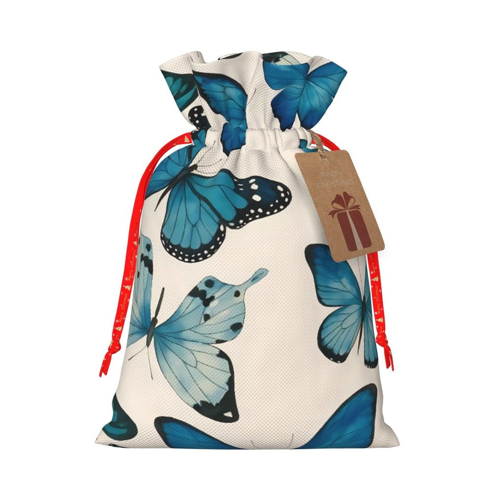 CENGDADA Retro Blue Butterfly Xmas Drawstring Linen Holiday Gift Bag Wrapping Reusable New Year Gifts With Label