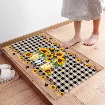 LEQIOLENNG Indoor Door Mat, Farm Sunflowers in Non Slip Doormat Low Profile Welcome Mat, Country Star Black Plaid Soft Entrance Rug for Bedroom Kitchen Bathroom 20"x32"
